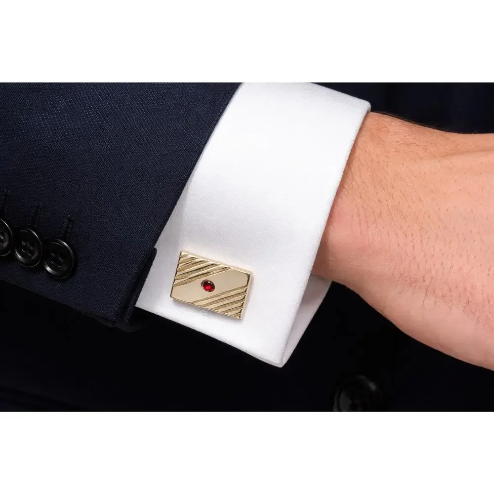 Vintage‎ Swank Gold-tone & Red Rhinestone Rectangular Cufflinks- Mid-century cl-